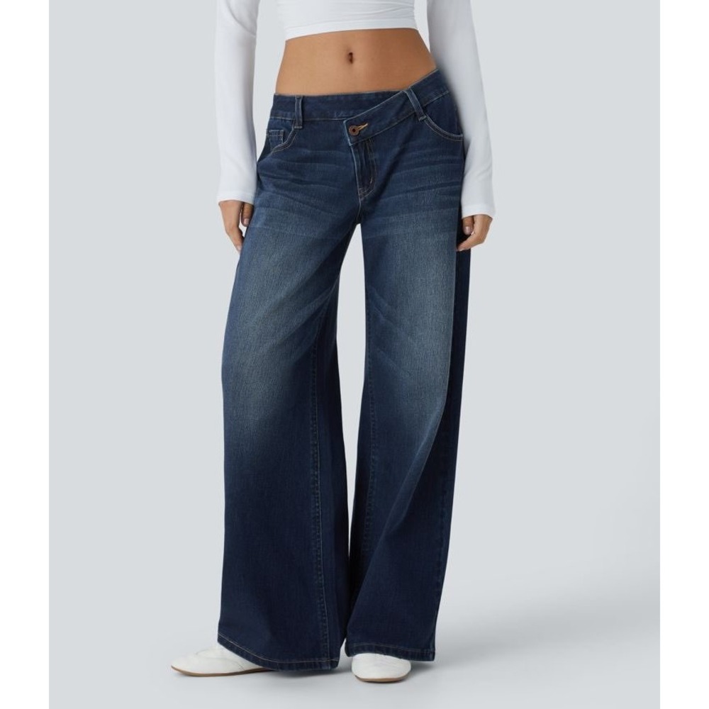 Halara Women Asymmetric Crossover Waist Wide Leg Jeans Dark Wash Size M Tall NEW